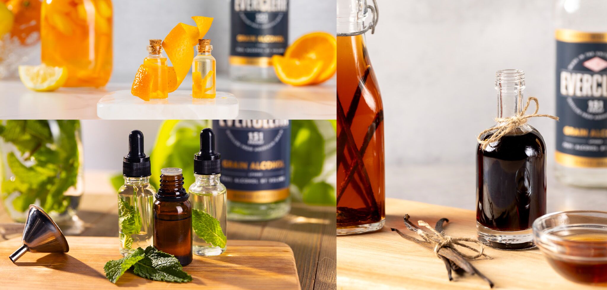 a collage of glass bottles with eye droppers and a bottle of everclear grain alcohol.