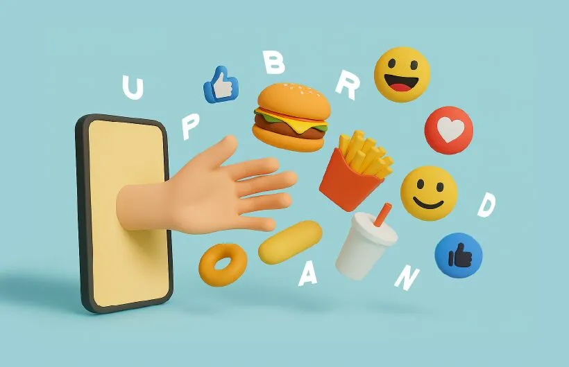 an illustration of a hand coming out of a phone reaching toward fast food like a hamburger, fries, and soda.