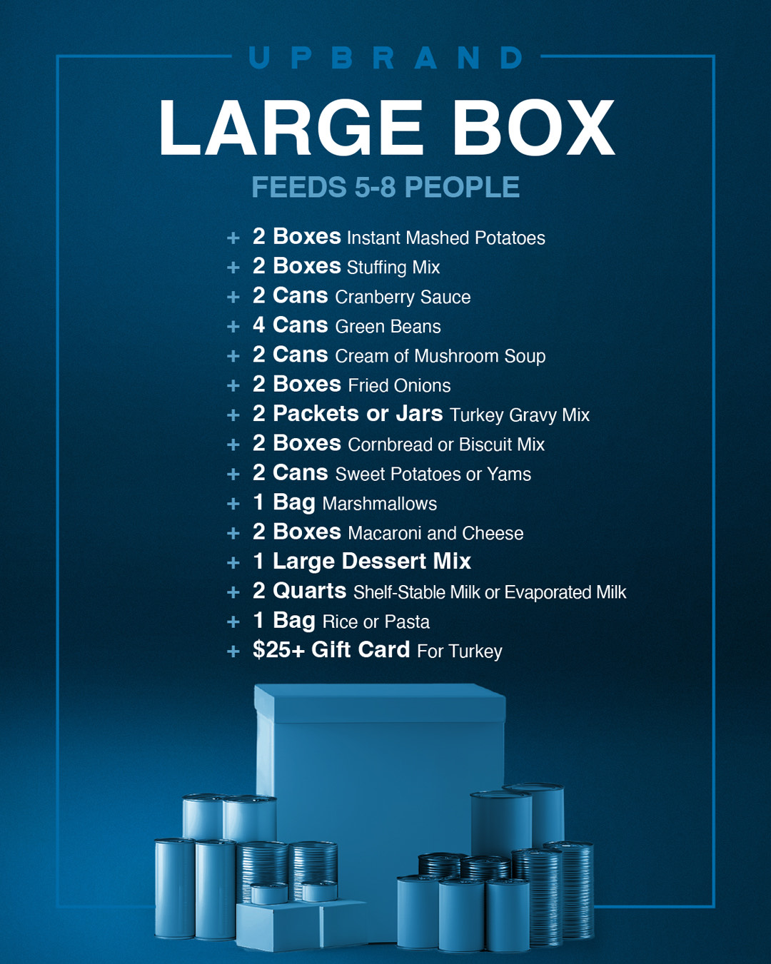 Large Box — Feeds 5–8 people and includes these items: 2 boxes instant mashed potatoes, 2 boxes stuffing mix, 2 cans cranberry sauce, 4 cans green beans, 2 cans cream of mushroom soup, 2 boxes fried onions, 2 packets or jars gravy mix, 2 boxes cornbread or biscuit mix, 2 cans sweet potatoes or yams, 1 bag marshmallows, 2 boxes macaroni and cheese, 1 large dessert mix 2 quarts shelf-stable or evaporated milk 1 bag rice or pasta $25+ Gift card for Turkey