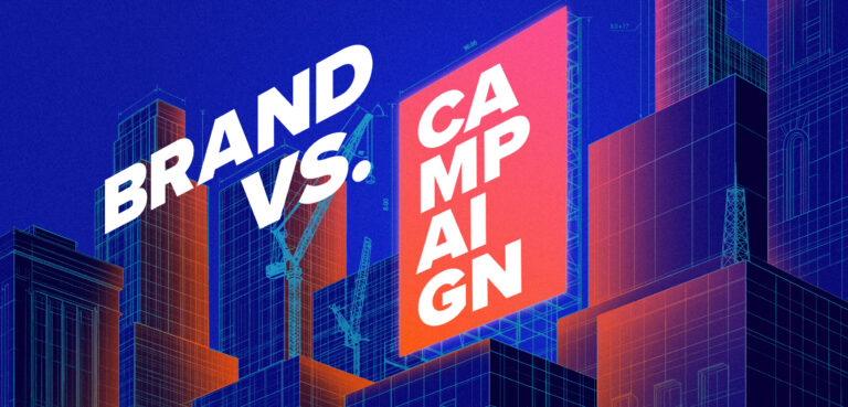 Brand vs. Campaign, over a blueprint-style city of buildings under construction