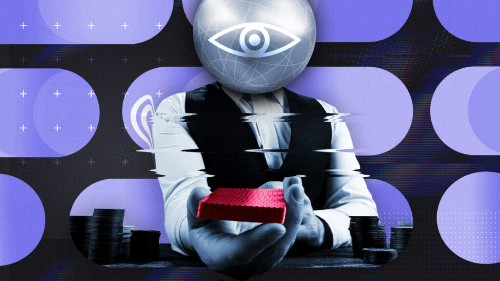 A figure in a suit with a glowing eye for a head holds out a small red box