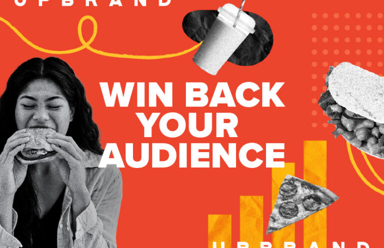 Win back your audience. A woman bites into a burger, surrounded by a drink, a taco, pizza and a rising bar chart.