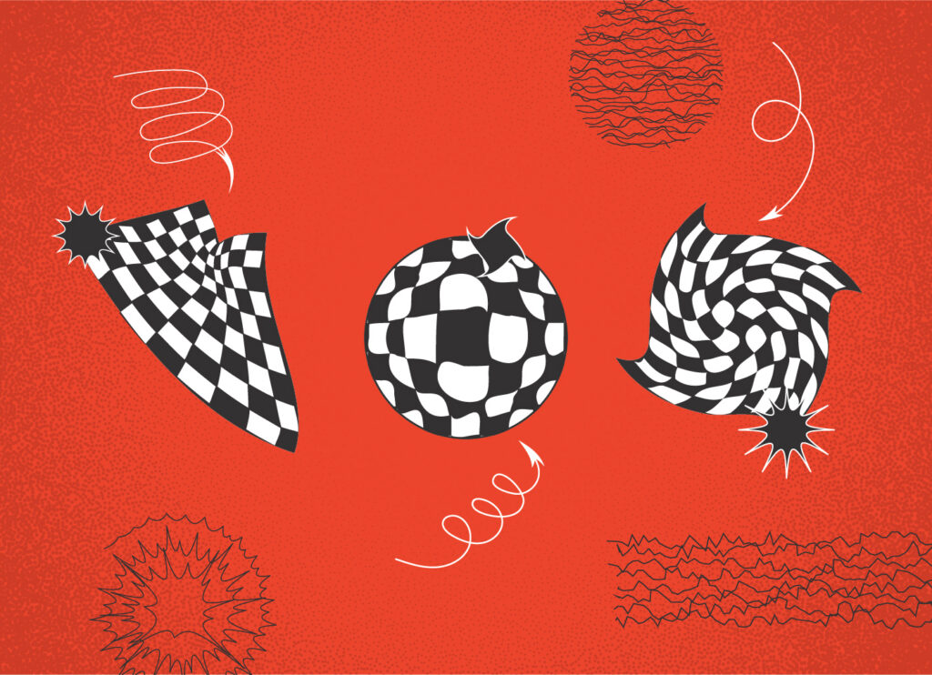 Three black-and-white checkered shapes twisting in different directions on an orange background