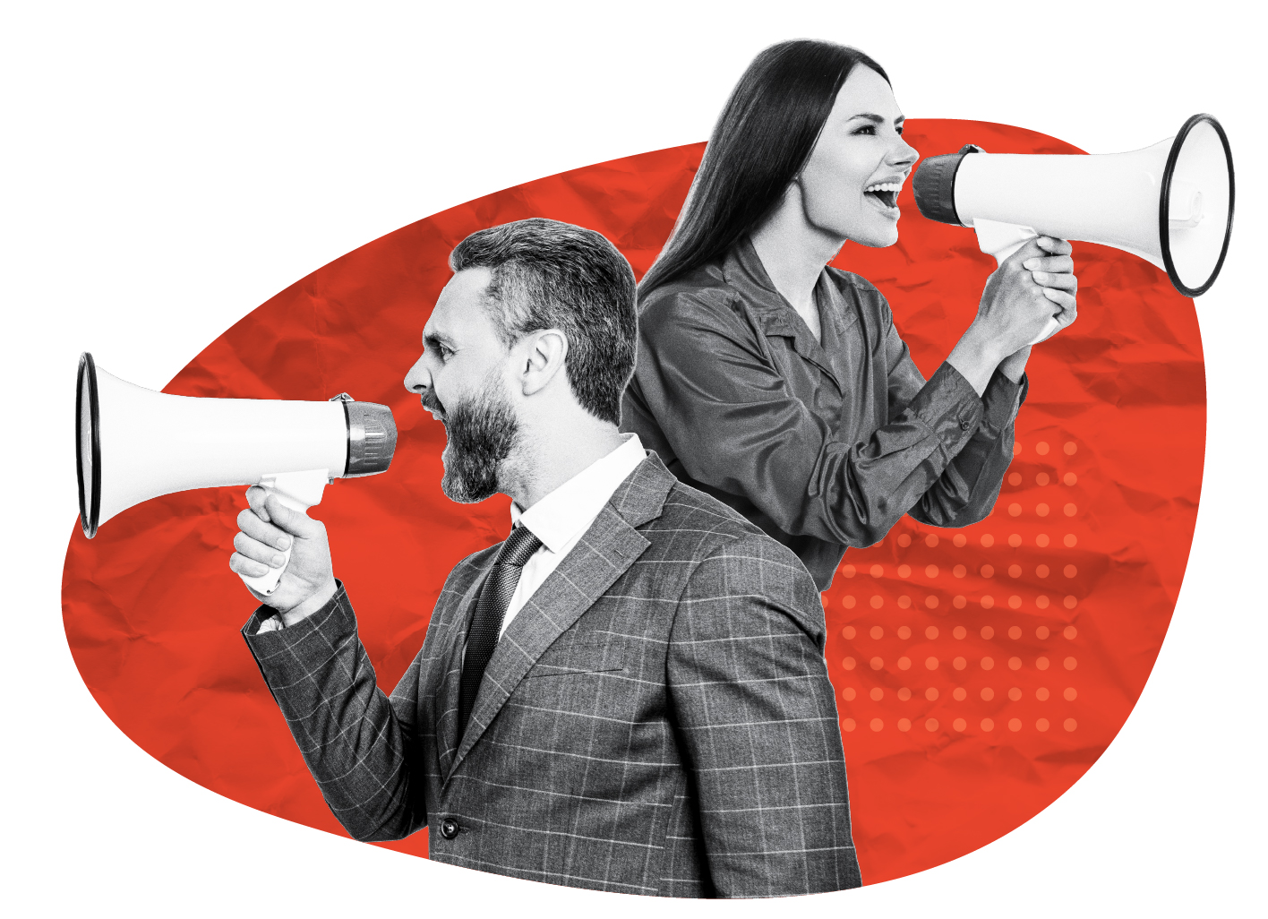 Two people in business clothes shout into megaphones in opposite directions