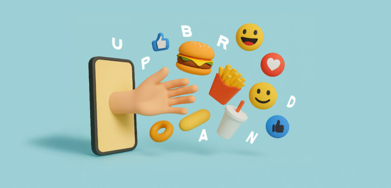 A hand reaches out of a phone toward floating burgers, fries, donuts and emoji, with the letters of UPBrand scattered around it