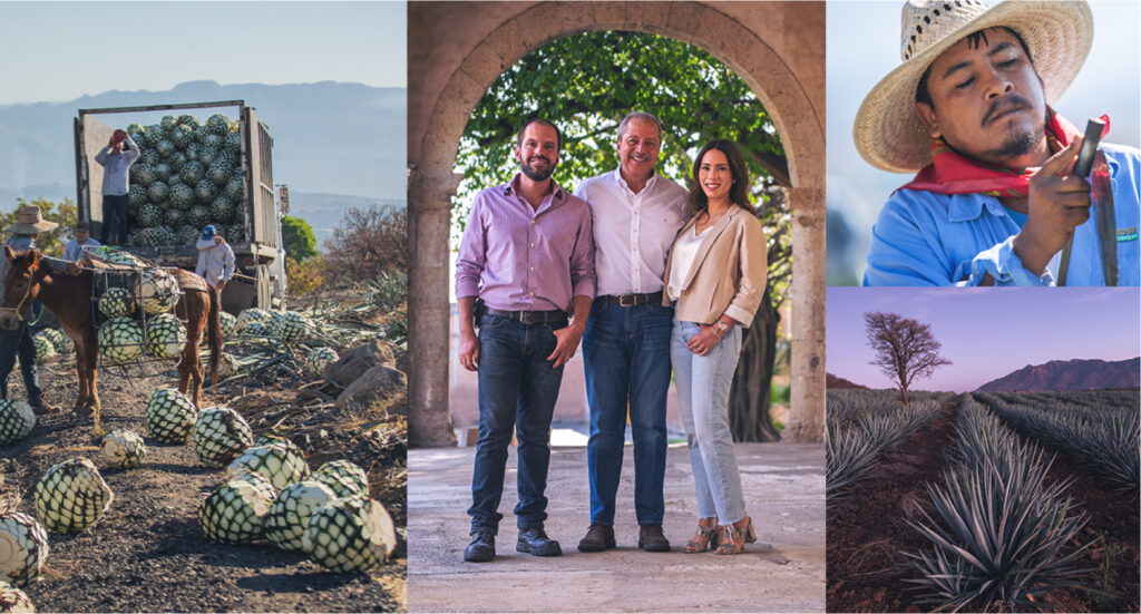 A grid of El Mayor brand photography: the Jalisco landscape, the González family, and a distiller at work.