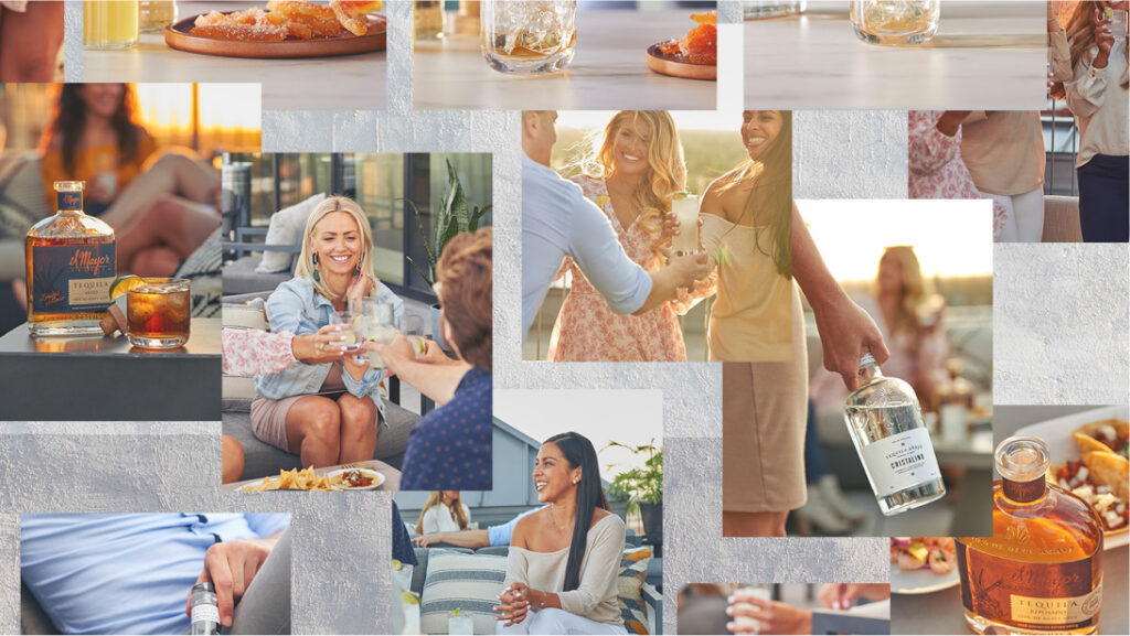 A collage of El Mayor social and lifestyle content: people sharing cocktails at home and outdoors.