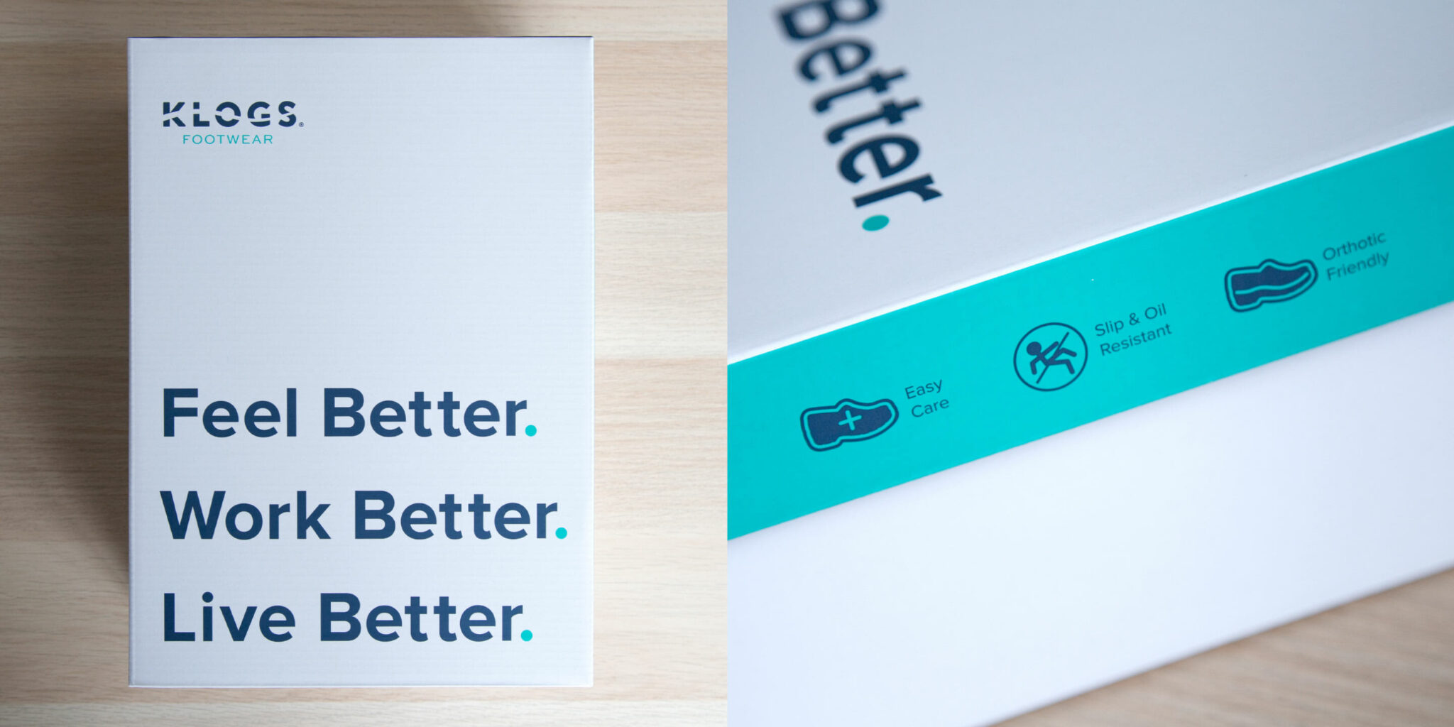 Two details of the Klogs box: the inner card reading “Feel Better. Work Better. Live Better.”, and the teal band of feature icons — Easy Care, Slip & Oil Resistant, Synthetic Friendly.