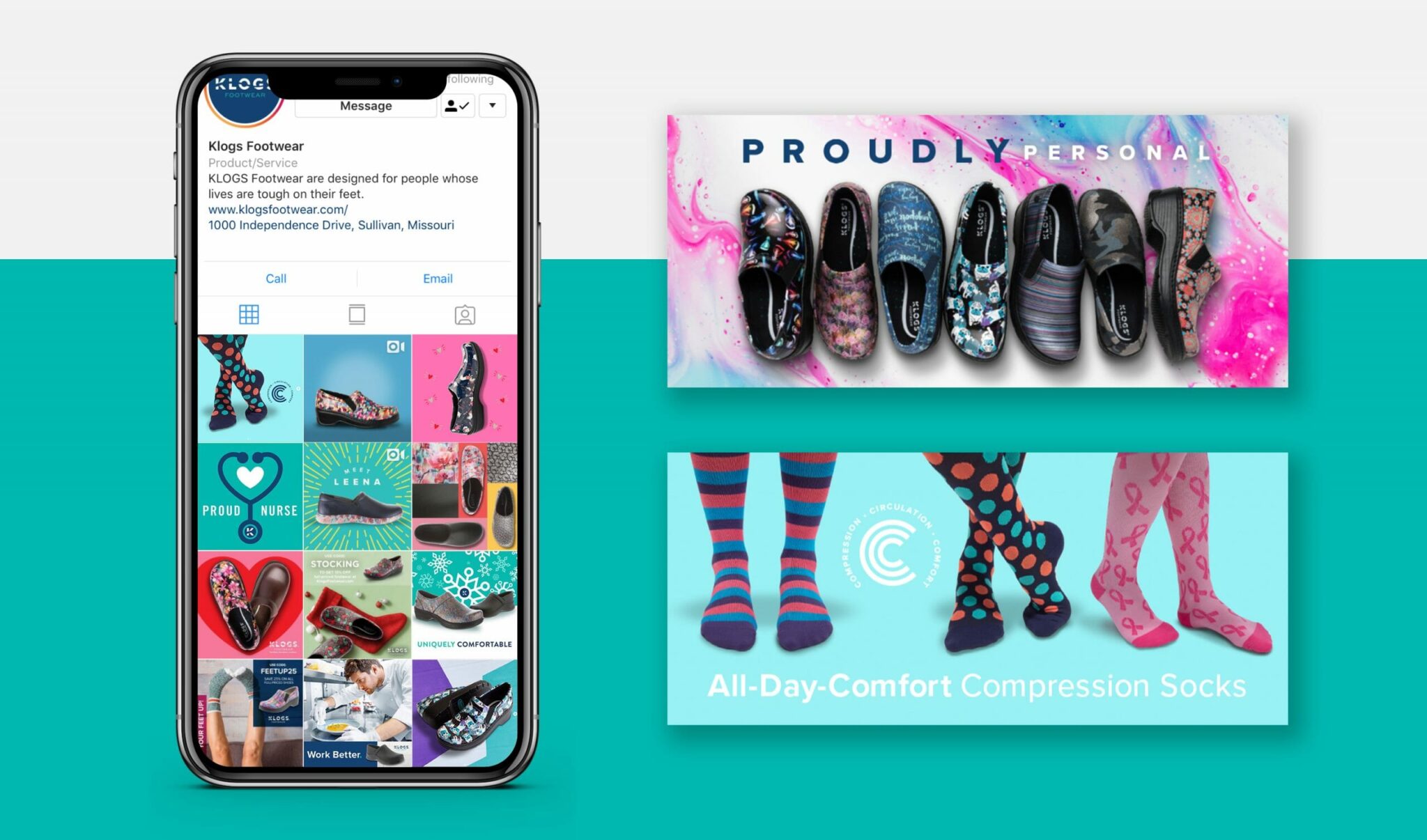 Klogs digital and social work: an Instagram profile mock-up on a phone showing a grid of product posts, a “Proudly Personal” line-up of eight patterned clogs, and an “All-Day-Comfort Compression Socks” layout.