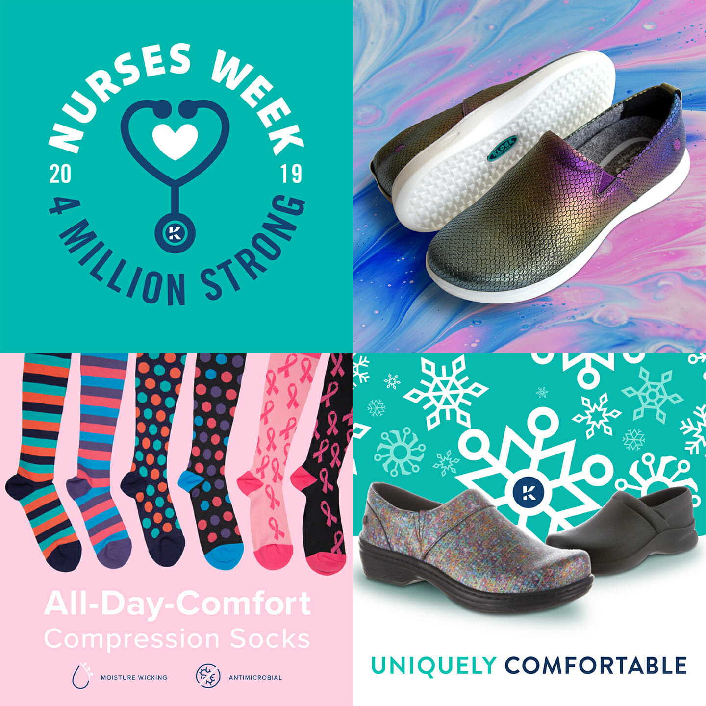 Four Klogs social posts: a Nurses Week 2019 “4 Million Strong” stethoscope badge, a pair of marbled slip-ons on a swirled ground, an “All-Day-Comfort Compression Socks” layout, and a snowflake post reading “Uniquely Comfortable”.