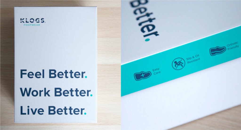 Klogs brand collateral on a counter: a card reading Feel Better. Work Better. Live Better., beside a teal box.