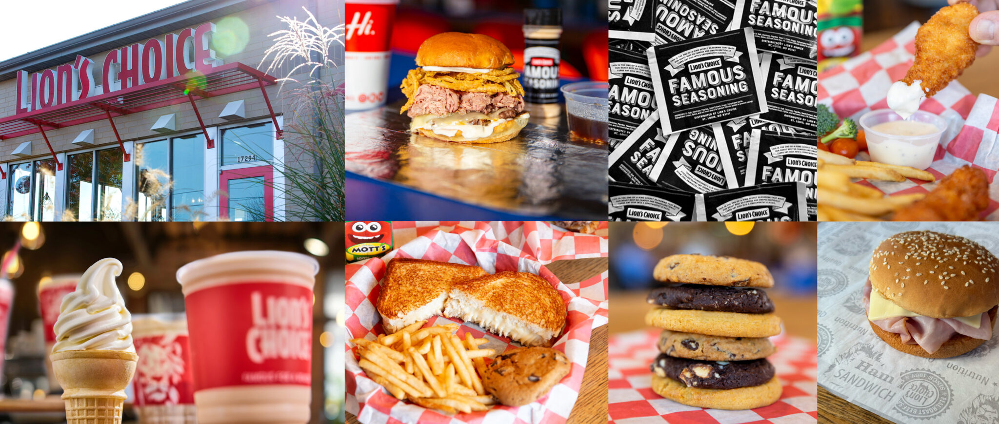 Eight Lion’s Choice brand photographs: the restaurant exterior, a roast beef sandwich with Famous Sauce, a pattern of Famous Seasoning packets, chicken tenders with dipping sauce, a soft-serve cone beside branded cups, a toasted sandwich with fries, a stack of cookies, and a ham sandwich on branded paper.