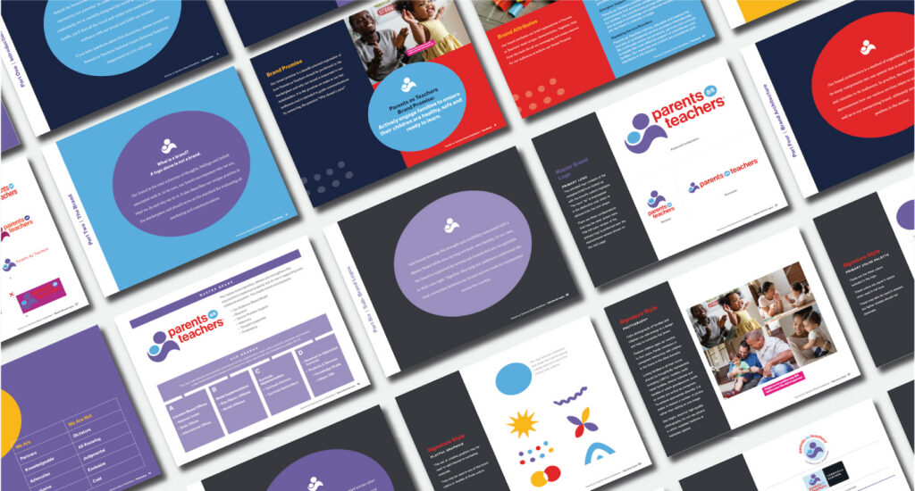 Pages of the Parents as Teachers identity system laid out in a grid: logo lockups, colour blocks, icons and photography.