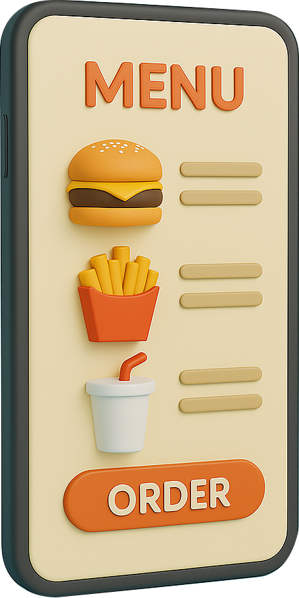 A phone showing a fast-food menu with a burger, fries and a drink above an Order button